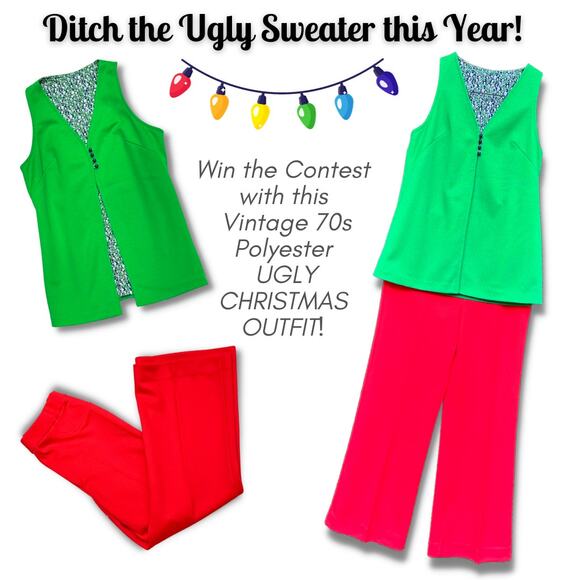 Vintage 70s UGLY CHRISTMAS PARTY Vest  Red Pants UglySweater Kitsch Groovy Party - Picture 1 of 11
